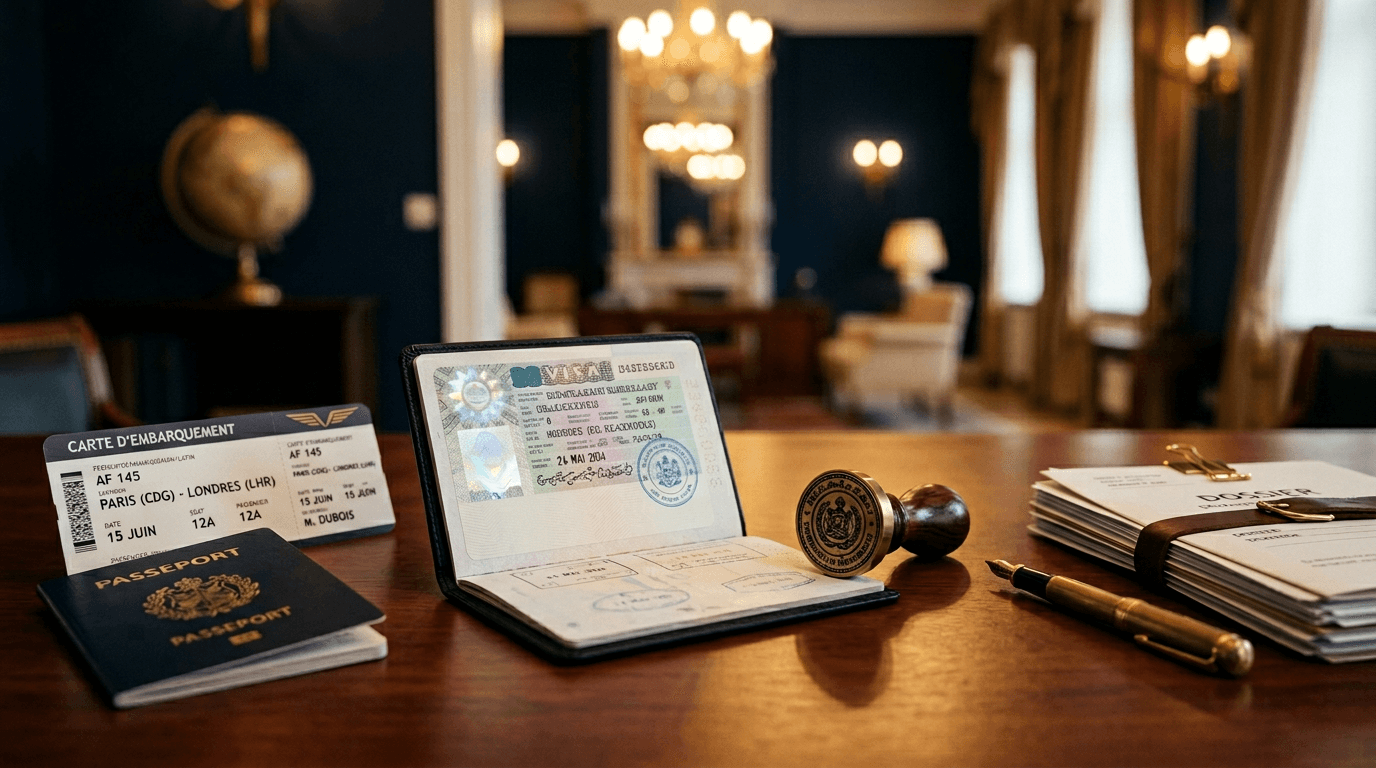 Visa processing — passport, visa sticker, and embassy stamp